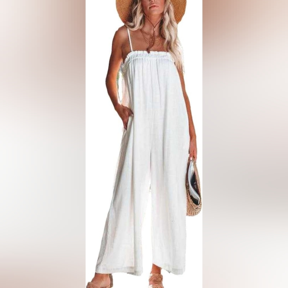 NWT Every Sleeveless Square Neck Ruffle Wide Leg Jumpsuit White Pockets S